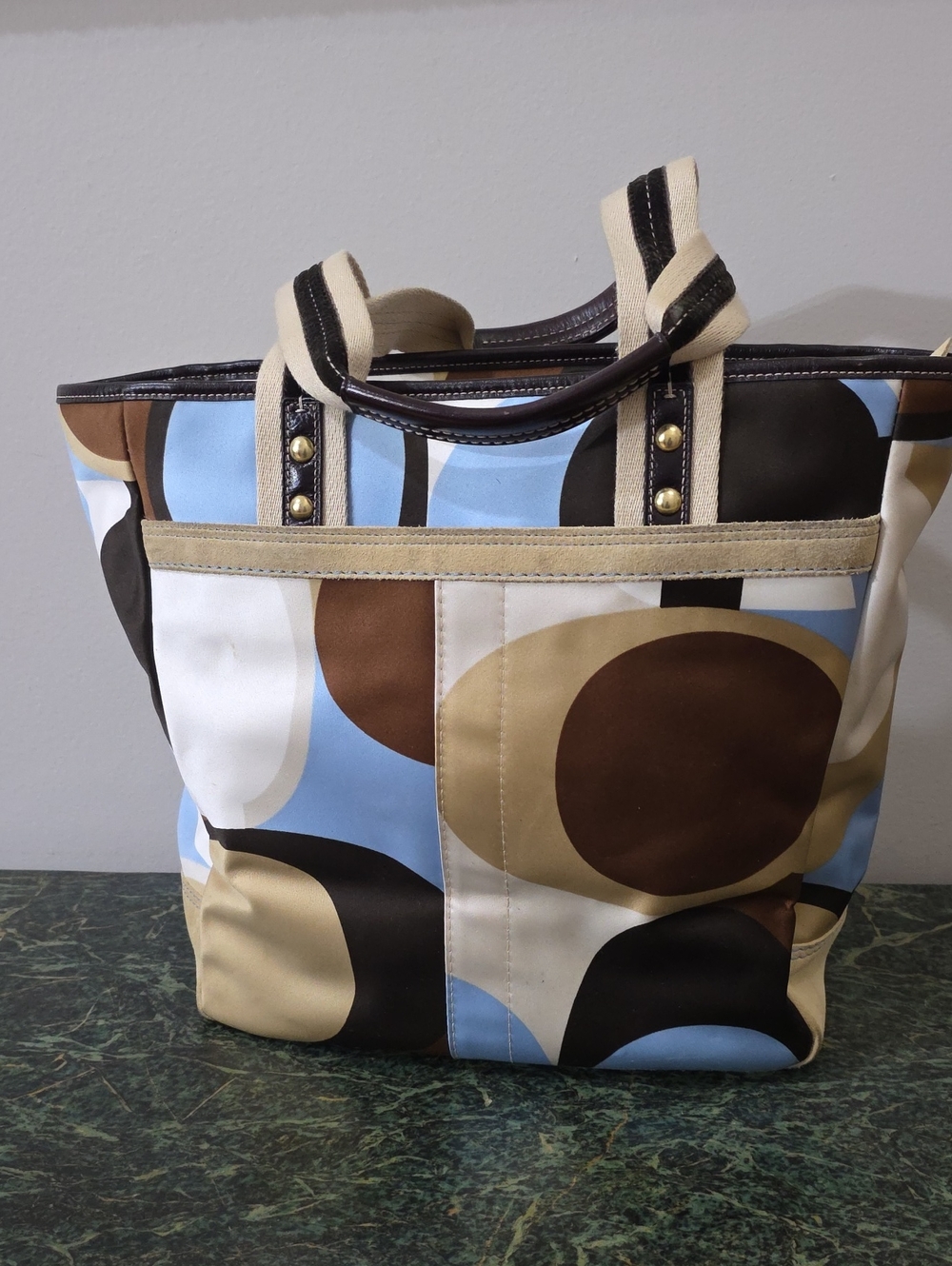 Coach Satin Tote in Blue, Brown & Cream